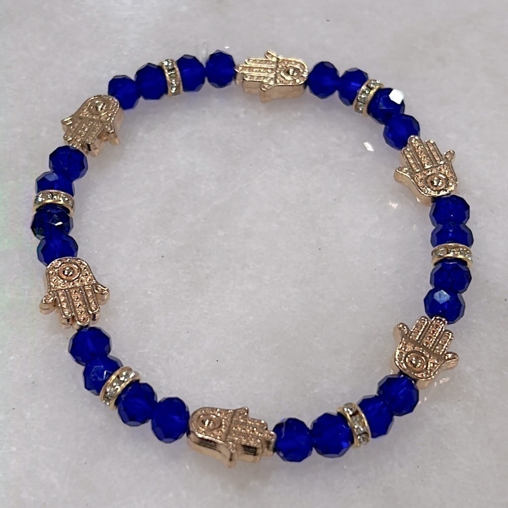 Blue Cobalt Beaded Gold Hand of Fatima (Hamsa) Glass Stretch Bracelet